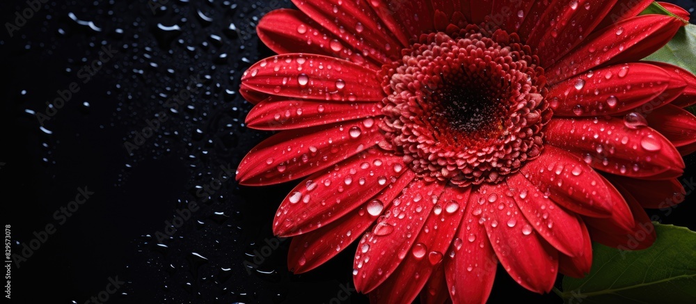 Poster lush summer and spring theme with stunning water droplets on a vibrant red gerbera daisy against a d