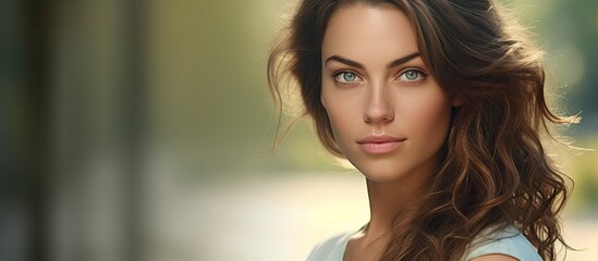 Fototapeta premium Outdoor portrait of a beautiful Caucasian woman with copy space image