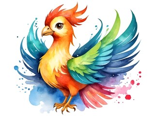 Colorful watercolor cute Phoenix illustration on a white background