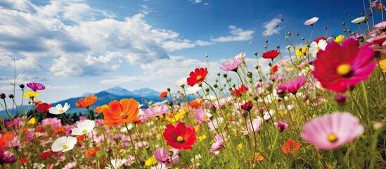 Vivid wildflowers bloom across the landscape in a colorful display creating a scenic vista with plenty of copy space image