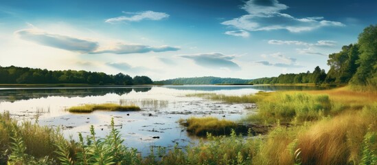 Lakeside meadow in a wetland with a heath backdrop offering a tranquil setting for outdoor activities with a stunning view including a copy space image