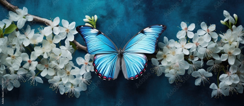 Aufkleber top view of a vibrant blue morpho butterfly resting on jasmine flowers with a textured background ma