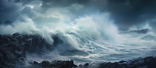 A stormy sea with powerful waves crashing on the pebbled beach creating a dramatic scene for a copy space image - Powered by Adobe