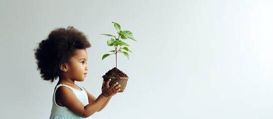 Child holding a growing plant symbolizing Earth Day concept against a white backdrop with copy space image