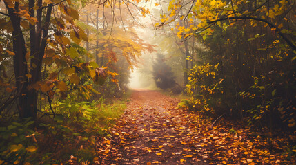 Lush forest path in autumn: Colorful leaves falling, soft misty atmosphere creating a sense of tranquility and change.