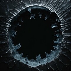 pure black background, overlay of frozen cracked ice with a large hole in the middle