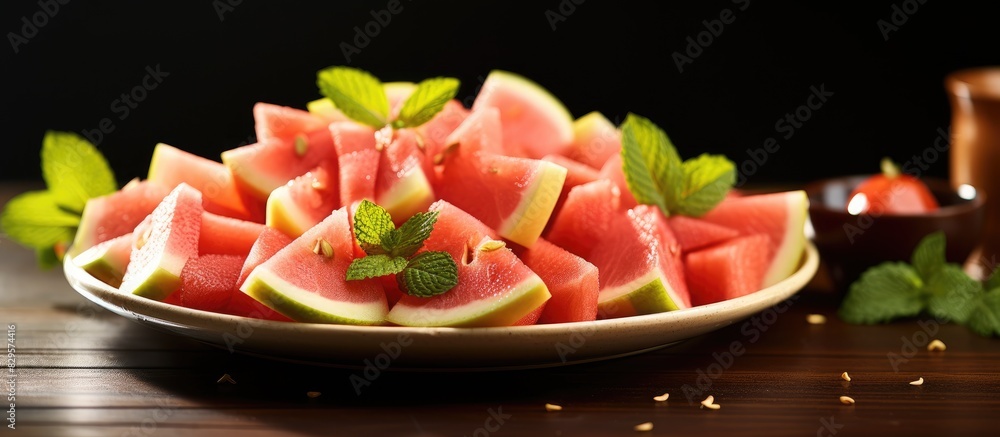 Poster plate with guava fruit slices creating a fruit salad concept showing a delightful arrangement with a