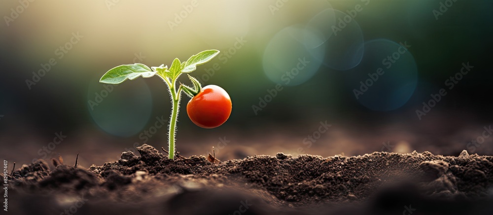 Poster a small tomato seedling rests on the soil close to the empty spaces with copy space image