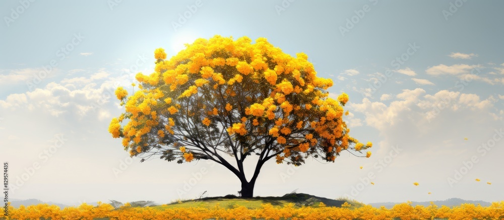 Poster tree featuring vibrant yellow flowers ideal for use as a copy space image
