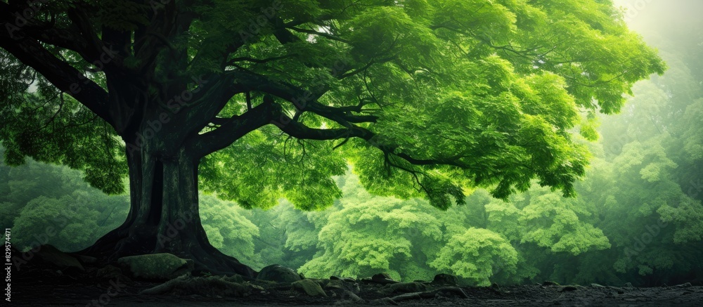 Poster nature background featuring a lush green tree in the forest with copy space image