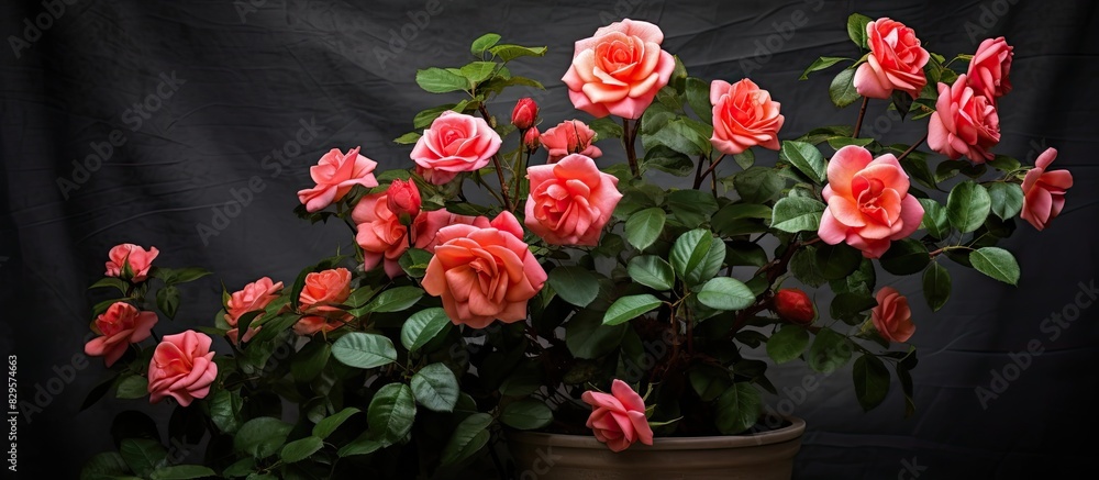 Poster Potted rose plant displaying vibrant petals and lush foliage ideal for adding natural beauty to any indoor setting with copy space image