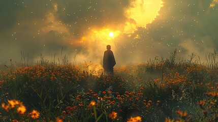 A peaceful figure standing in a field of light.