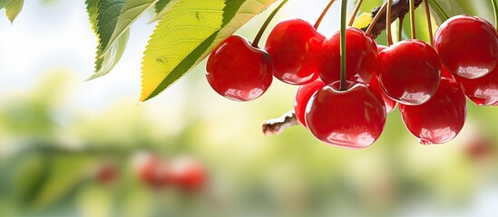 Obraz premium Detailed shot of ripe red cherries on a tree with a copyspace image