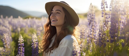 A lovely girl poses surrounded by blooming lupines on a sunny summer day in the image with ample copy space