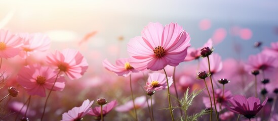 Fototapeta premium Vivid cosmos flowers in full bloom creating a scenic nature background with copy space image