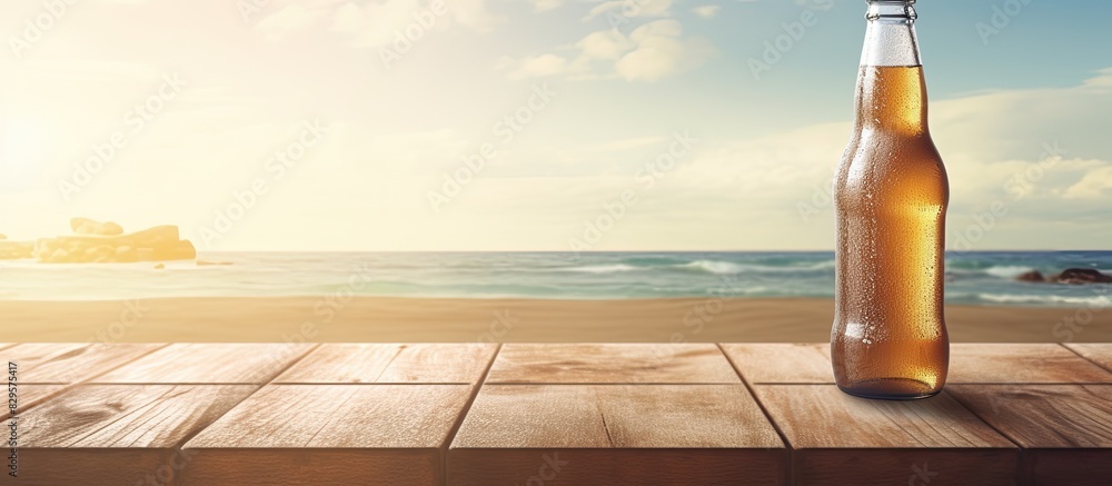 Poster summer vibes with an open bottle of beer on a wooden table featuring condensation set against a blur