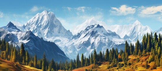 A picturesque mountainous landscape in autumn showcasing snow covered peaks surrounded by a lush coniferous forest Includes copy space image - Powered by Adobe