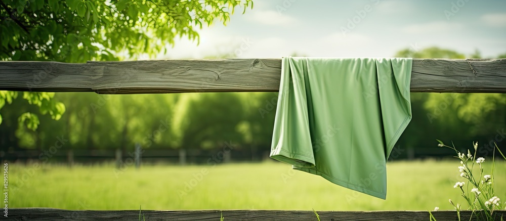 Wall mural cloth left on a fence with copy space image of green grass in the background