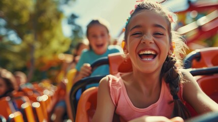 Thrilling family fun at an amusement park, joyful expressions. Excitement and laughter at an amusement park with kids.