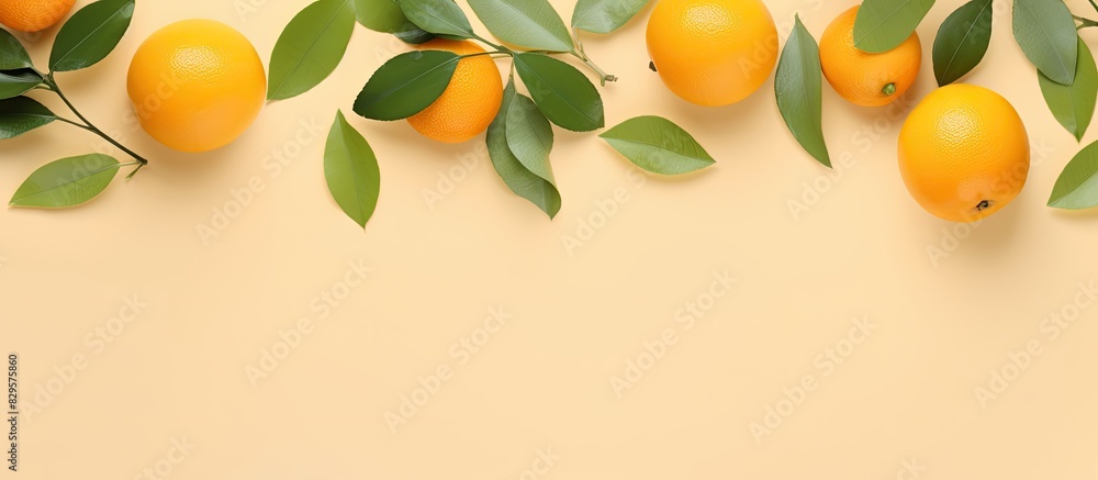 Poster orange fruits and green leaves creatively arranged on a soft yellow backdrop in a minimalistic conce
