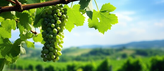 Rural scene featuring an unripe green grapevine Copy space image with a farming theme