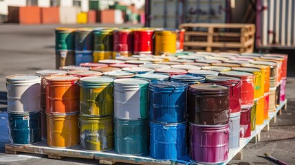 An array of colorful paint cans stacked on a palette ready to be transported and used for final touches on a building.