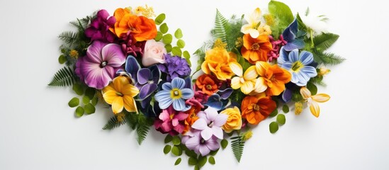 Creative summer love concept depicted by heart shaped arrangement of colorful flowers and leaves perfect for a copy space image
