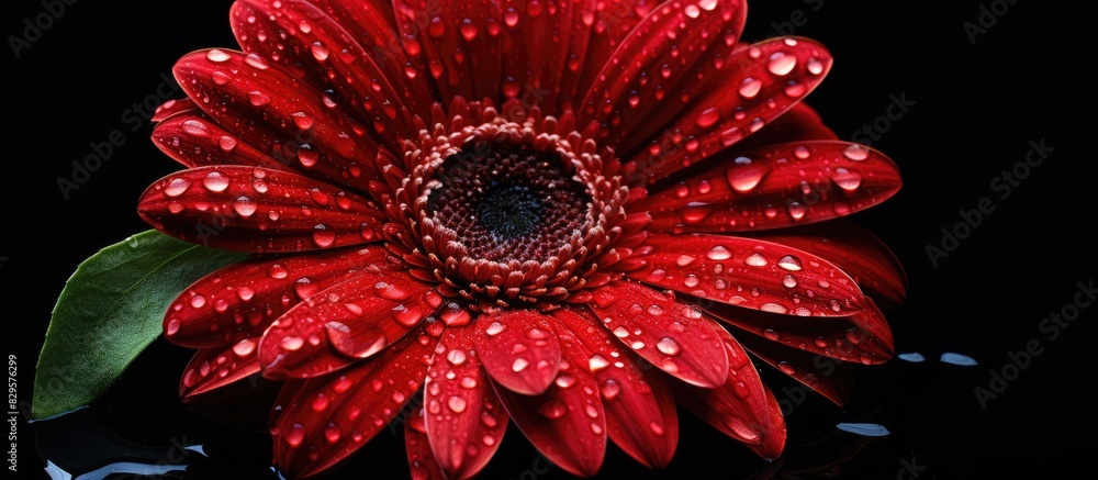 Poster lush summer and spring theme with stunning water droplets on a vibrant red gerbera daisy against a d