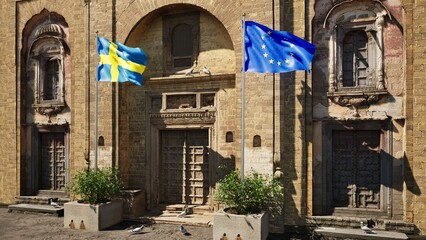 Parete storica con bandiera Svezia e bandiera Unione Europea al vento