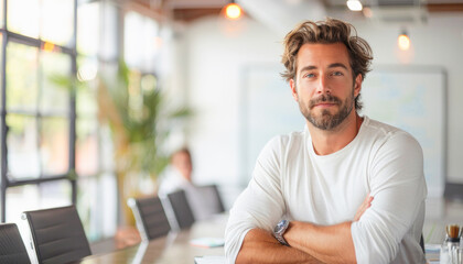 Obraz premium In a conference room, a bearded man confidently stands with arms crossed, indicating authority