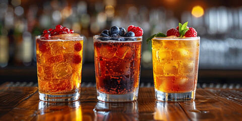 Three glasses of iced beverages topped with fruits, suitable for summer and refreshment concepts.