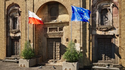 Parete storica con bandiera Polonia e bandiera Unione Europea al vento © albasu