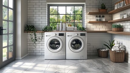 Blank style laundry room with efficient layout clean surfaces and modern appliances
