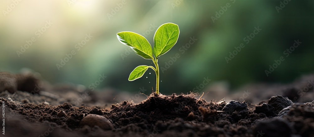 Poster a tiny fresh tree sprout emerging from the soil. copy space image. place for adding text and design