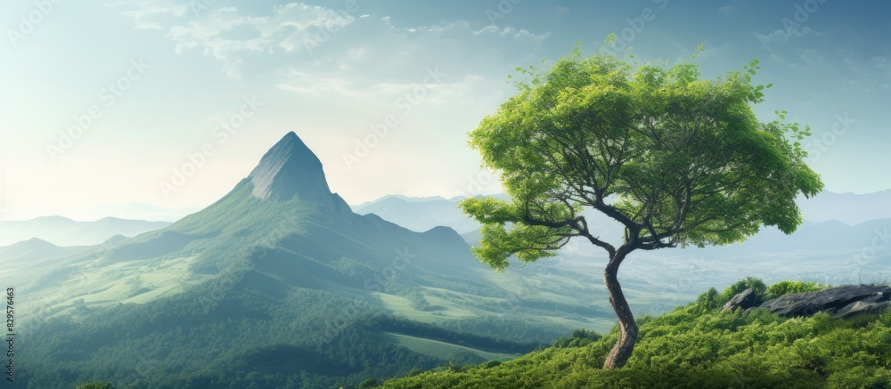 Poster the tree grows on top of the mountain backdrop creating a scenic view with a copy space image