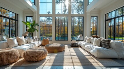 Blank aesthetic sunroom with comfortable seating simple decor and panoramic windows