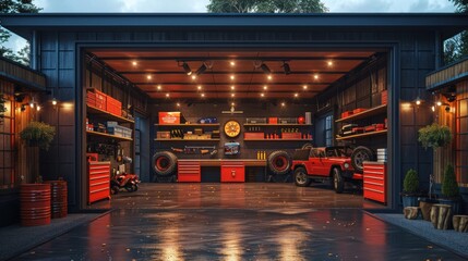 Blank style garage with organized storage clean floors and a functional workspace