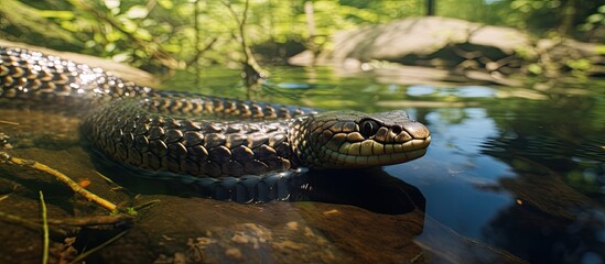 Fototapeta premium Nerodia sipedon a Northern watersnake swimming underwater in Torrance Barrens along a hiking trail during the Summer with copy space image