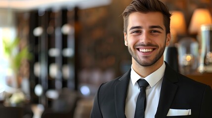 Fototapeta premium Happy Young Hotel Manager Exuding Professionalism and Warmth in Colorful Office
