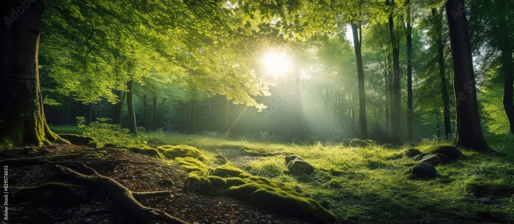 Poster beautiful forest landscape with sunlight filtering through the trees offering a serene and picturesq