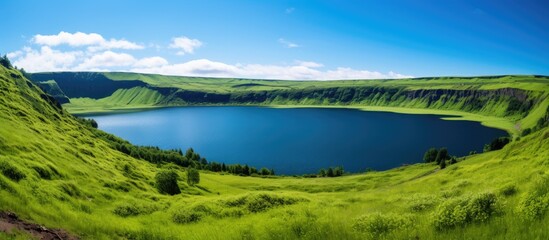 Obraz premium Summer scenery of a volcanic crater lake with a clear blue sky and lush green surroundings ideal for a copy space image