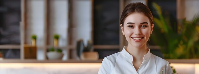 Happy Young Hotel Receptionist Excelling in Guest Services with Professionalism and Enthusiasm