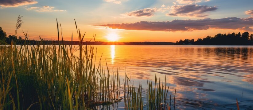 Colorful and vibrant sunset scenery over a serene lake shore with reeds featuring sun rays creating a picturesque scene with copy space image