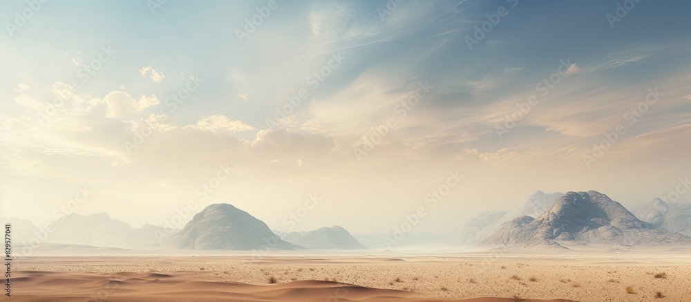 Poster a mountainous terrain surrounded by desert with a cloudy sky above perfect for a copy space image