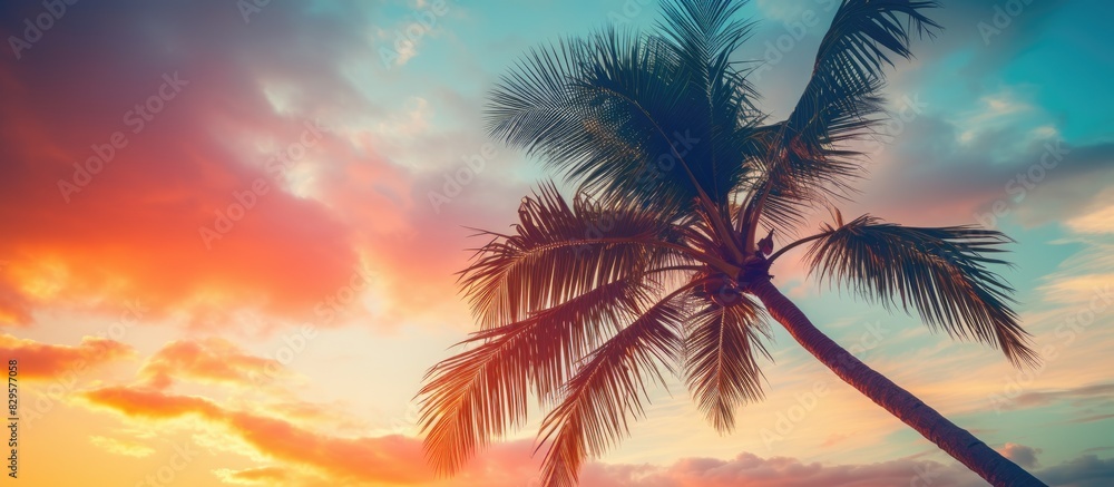 Poster silhouette of a tropical palm tree against a sunset sky with abstract clouds creating a serene image
