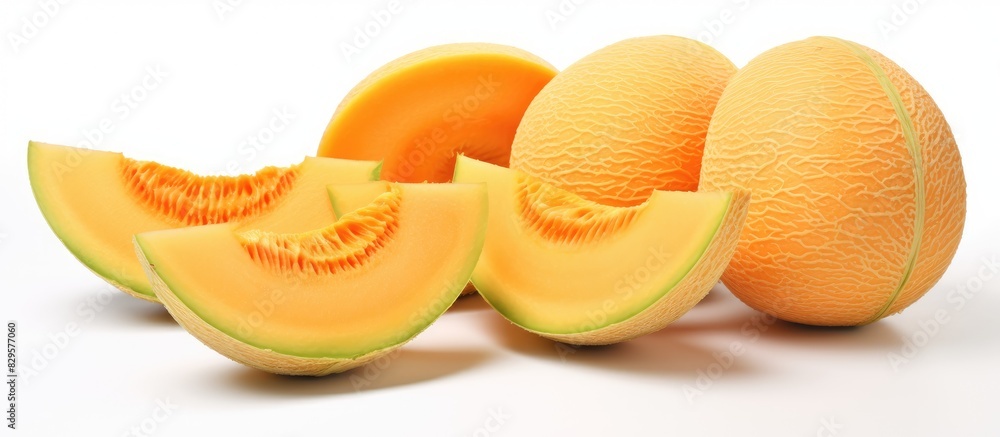 Poster cantaloupe melon slices with copy space image on a white backdrop