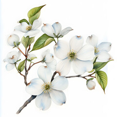 Dogwood branch white flowers watercolor painting on white background