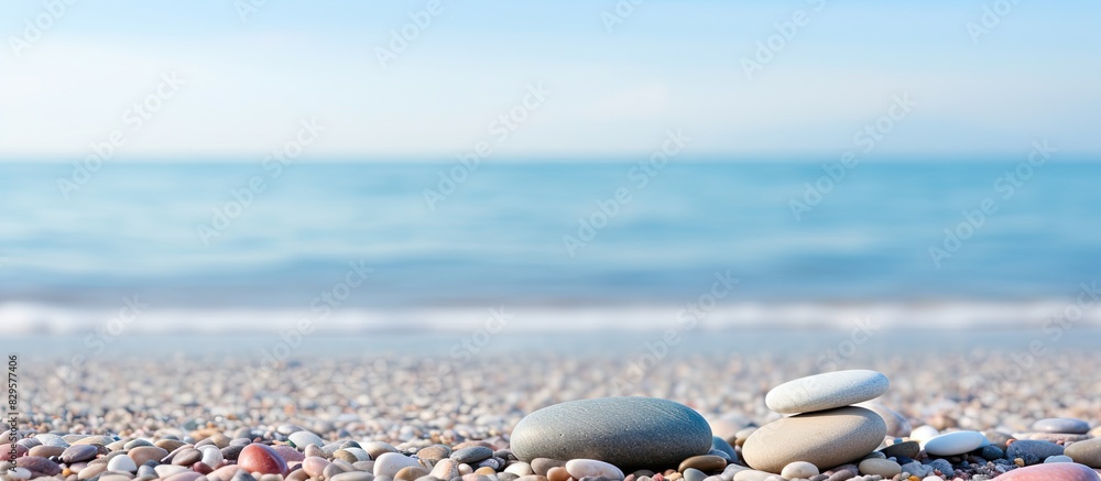 Sticker Smooth pebbles representing Zen philosophy by the seashore with a tranquil copy space image