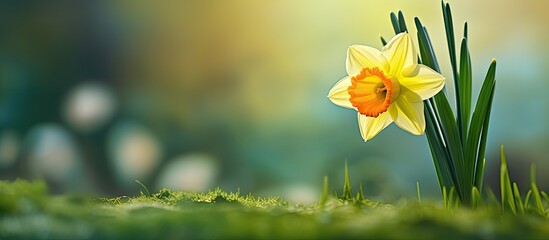 Obraz premium Close up image of a yellow daffodil known as a Narcissus with a green background in a garden picture perfect for copy space image