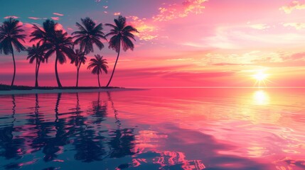 Tropical beach sunset, palm trees silhouette, colorful sky reflection. Paradise beach scene with vibrant sunset hues and calm ocean.